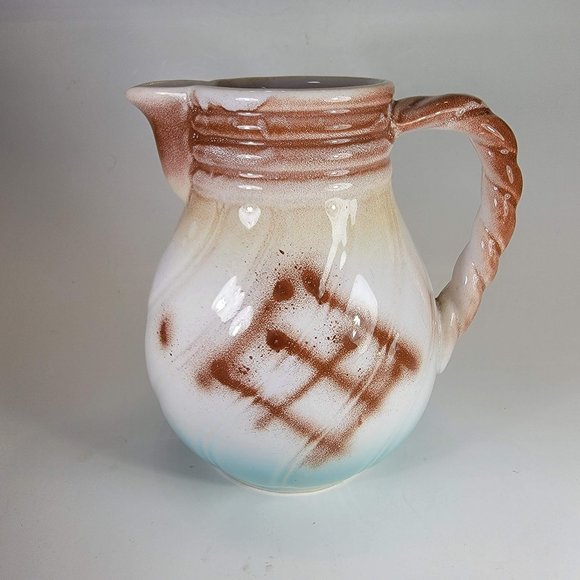 Small Pitcher Vase Japanese Hand Painted Rope Design White Glossy Glaze 6" Tall - Picture 1 of 8